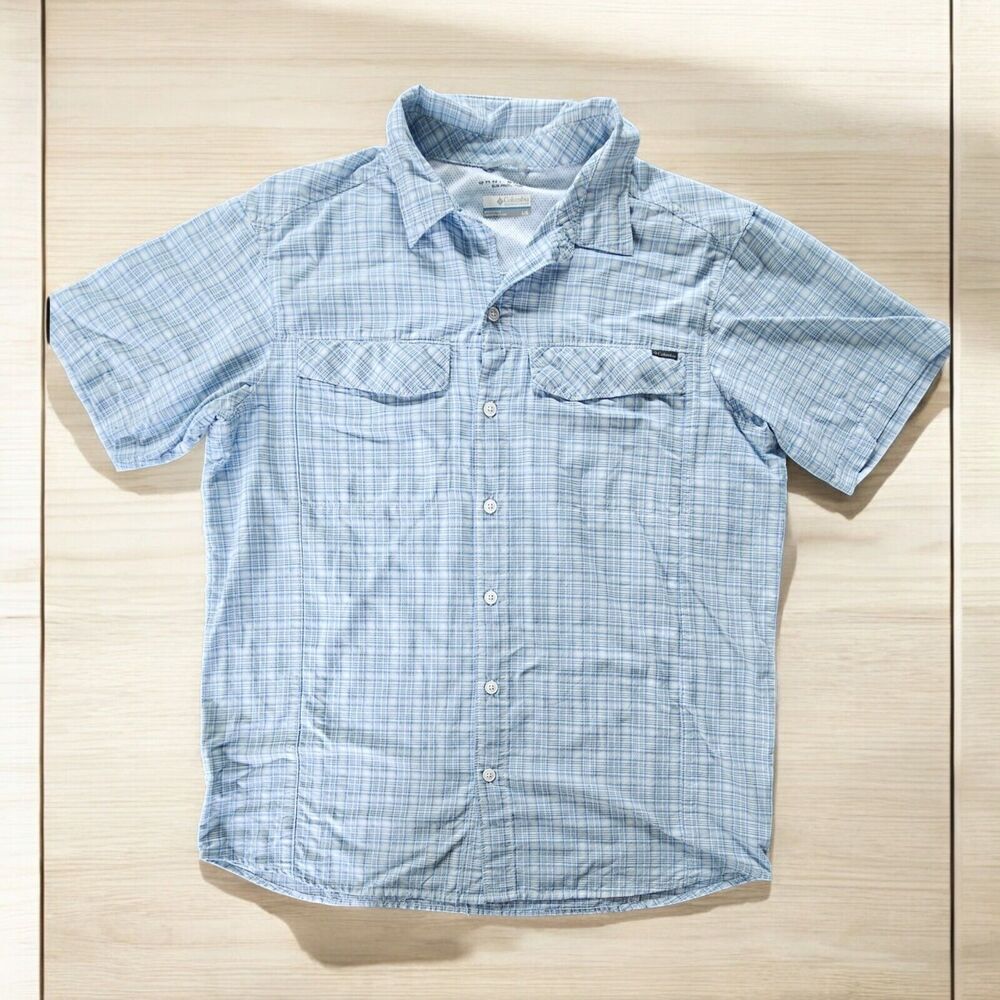 Columbia Shirt Mens L Plaid Blue Omni-Shade Shirt Short Sleeve Fishing Vented